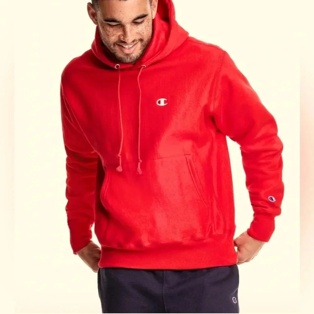 Champion Classic Reverse Weave Red Hoodie C Logo Kangaroo Pocket Men’s‎ Lrg EUC